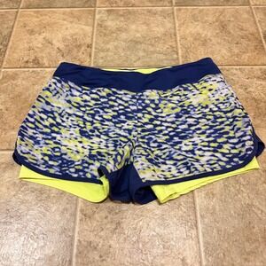 Layer 8 Womens 2-in-1 Running Shorts Blue Neon Yellow Abstract Print Size Medium